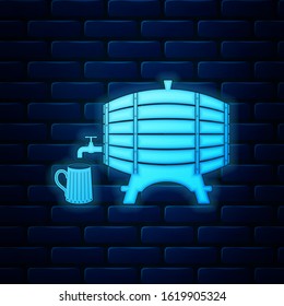 Glowing neon Wooden barrel on rack with stopcock and wooden beer mug icon isolated on brick wall background.  Vector Illustration