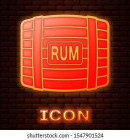 Glowing neon Wooden barrel with rum icon isolated on brick wall background.  Vector Illustration