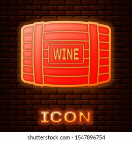 Glowing neon Wooden barrel for wine icon isolated on brick wall background.  Vector Illustration