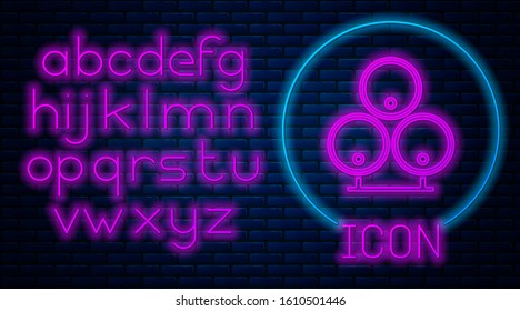 Glowing neon Wooden barrels icon isolated on brick wall background. Alcohol barrel, drink container, wooden keg for beer, whiskey, wine. Neon light alphabet. Vector Illustration