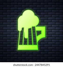Glowing neon Wooden beer mug icon isolated on brick wall background.  Vector
