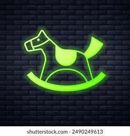 Glowing neon Wooden horse in saddle swing for little children icon isolated on brick wall background.  Vector