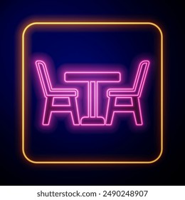 Glowing neon Wooden table with chair icon isolated on black background.  Vector