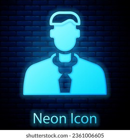 Glowing neon Worker icon isolated on brick wall background. Business avatar symbol user profile icon. Male user sign.  Vector