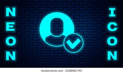 Glowing neon Worker icon isolated on brick wall background. Business avatar symbol user profile icon. Male user sign.  Vector