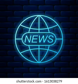 Glowing neon World and global news concept icon isolated on brick wall background. World globe symbol. News sign icon. Journalism theme, live news.  Vector Illustration