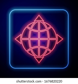 Glowing neon World globe with compass icon isolated on blue background.  Vector Illustration