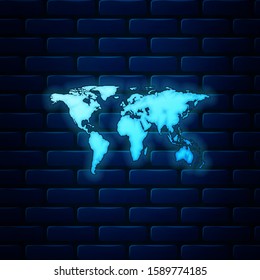 Glowing neon World map icon isolated on brick wall background.  Vector Illustration
