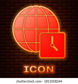 Glowing neon World time icon isolated on brick wall background. Clock and globe. Vector.