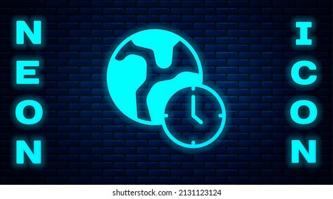 Glowing neon World time icon isolated on brick wall background.  Vector