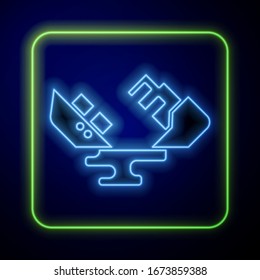 Glowing neon Wrecked oil tanker ship icon isolated on blue background. Oil spill accident. Crash tanker. Pollution Environment concept.  Vector Illustration