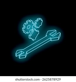 Glowing neon wrench and gears representing engineering, innovation, and technical expertise on a dark background