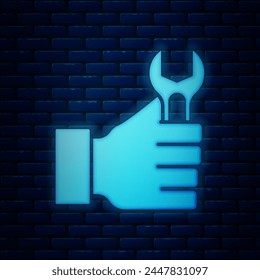 Glowing neon Wrench spanner icon isolated on brick wall background.  Vector