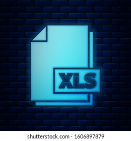 Glowing neon XLS file document. Download xls button icon isolated on brick wall background. Excel file symbol.  Vector Illustration