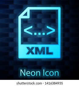 Glowing neon XML file document icon. Download xml button icon isolated on brick wall background. XML file symbol. Vector Illustration