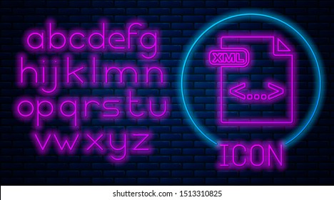 Glowing neon XML file document. Download xml button icon isolated on brick wall background. XML file symbol. Neon light alphabet. Vector Illustration