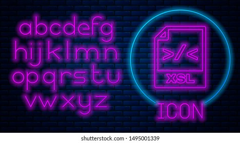Glowing neon XSL file document. Download xsl button icon isolated on brick wall background. Excel file symbol. Neon light alphabet. Vector Illustration