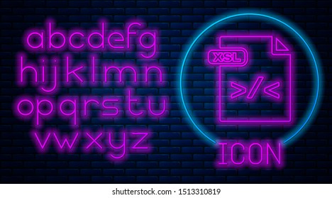 Glowing neon XSL file document. Download xsl button icon isolated on brick wall background. Excel file symbol. Neon light alphabet. Vector Illustration