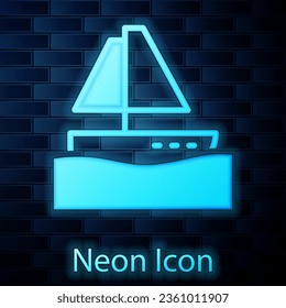 Glowing neon Yacht sailboat or sailing ship icon isolated on brick wall background. Sail boat marine cruise travel.  Vector