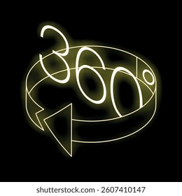 Glowing neon yellow 360 degrees rotation symbol with circular arrow on black background