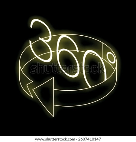Glowing neon yellow 360 degrees rotation symbol with circular arrow on black background