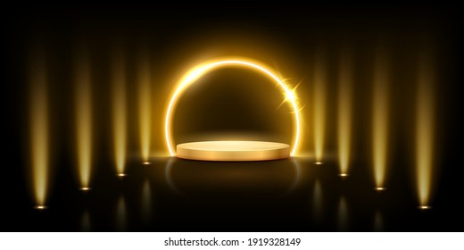 Glowing neon yellow circle with sparkles on golden podium, spotlight lines on black background. Abstract round electric light frame. Geometric design vector illustration. Minimal ring art decoration.