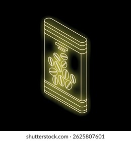 Glowing neon yellow coffee packaging on black background, isometric view