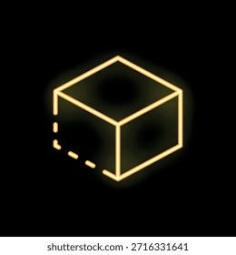 O cubo amarelo de néon brilhante aparece sobre um fundo preto