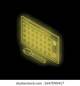 Máquina de tambor amarelo neon brilhante com cabo conectado simbolizando produção musical e instrumentos eletrônicos
