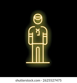 Glowing neon yellow icon of an american football player wearing a helmet and uniform, standing on a black background