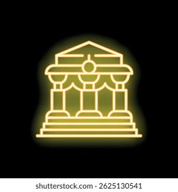 Glowing neon yellow icon of a bank building shining on a black background