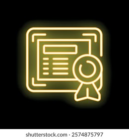 Glowing neon yellow icon of a certificate with a ribbon, representing online education, graduation, and academic achievement
