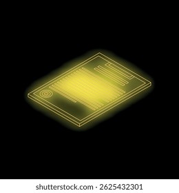 Glowing neon yellow icon of a contract or other legal document is isolated on a black background