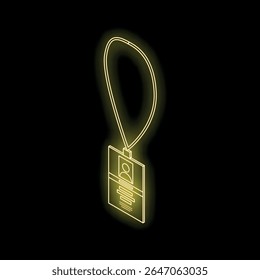 Glowing neon yellow id card hanging on a lanyard against a black background, representing identification and access