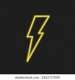 Glowing neon yellow lightning bolt icon on a dark textured background. Energy, power, and electricity icon. Modern and minimalistic design. Vector illustration