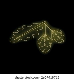Glowing neon yellow line art illustration of acorns and an oak leaf on a black background