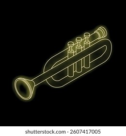 Glowing neon yellow trumpet is illustrated in an isometric perspective