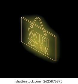 Glowing neon yellow wifi zone sign hanging, representing wireless network availability and internet access