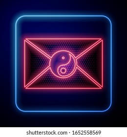 Glowing neon Yin Yang and envelope icon isolated on blue background. Symbol of harmony and balance.  Vector Illustration