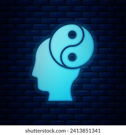 Glowing neon Yin Yang symbol of harmony and balance icon isolated on brick wall background.  Vector