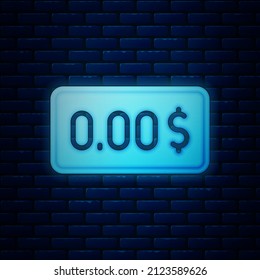 Glowing neon Zero cost icon isolated on brick wall background. Empty bank account.  Vector