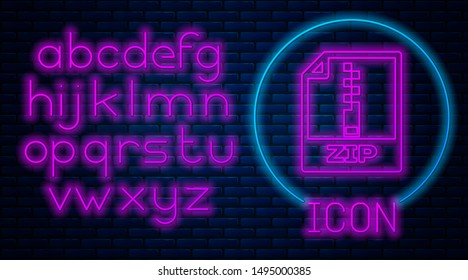 Glowing neon ZIP file document. Download zip button icon isolated on brick wall background. ZIP file symbol. Neon light alphabet. Vector Illustration