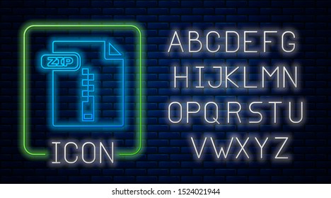 Glowing neon ZIP file document. Download zip button icon isolated on brick wall background. ZIP file symbol. Neon light alphabet. Vector Illustration