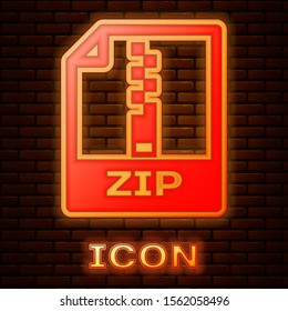Glowing neon ZIP file document. Download zip button icon isolated on brick wall background. ZIP file symbol.  Vector Illustration