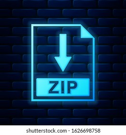 Glowing neon ZIP file document icon. Download ZIP button icon isolated on brick wall background.  Vector Illustration