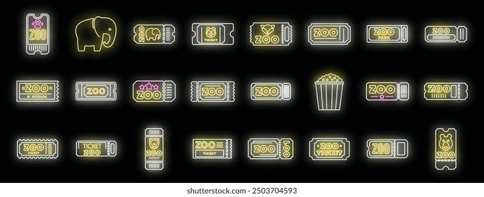 Glowing neon zoo tickets icons set representing visiting zoo park