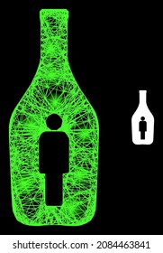 Glowing net alcoholic person with glowing spots on a black background. Bright vector structure is created from alcoholic person picture, with hatched net and lightspots.