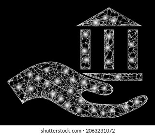 Glowing net bank offer hand with glowing spots. Vector model based on bank offer hand icon, and with crossing lines. Bright carcass polygonal bank offer hand on a black background.