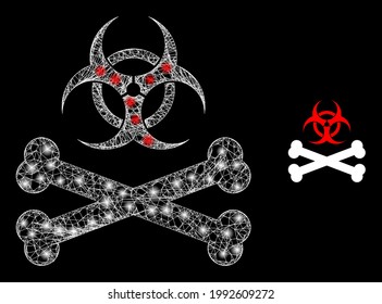 Glowing net biohazard bones with light spots. Wire frame flat mesh generated with intersected white lines and biohazard bones icon.