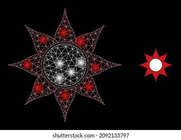 Glowing net black sun web icon with illuminated light spots. Illuminated model created using black sun vector icon. Glossy frame web polygonal black sun, on a black background.